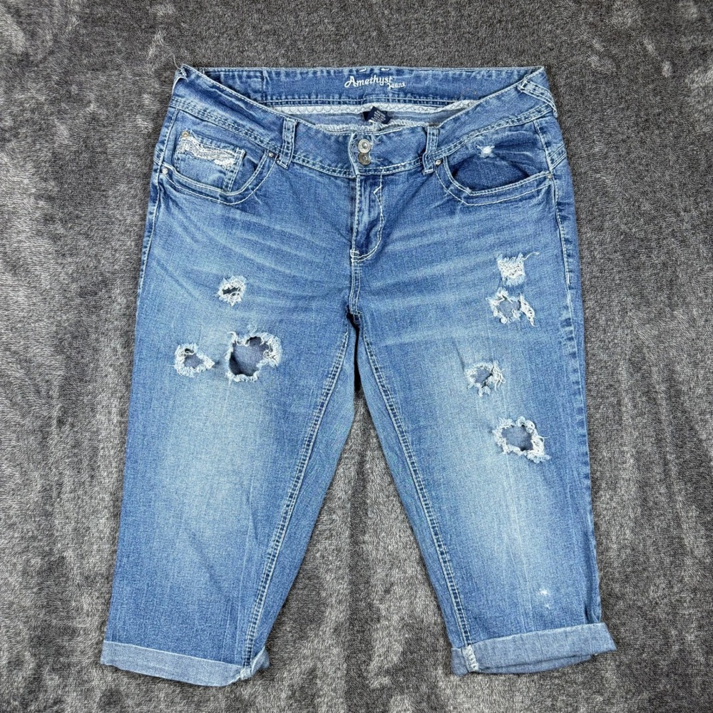 Amethyst Jeans Womens 14 Distressed Capri Jeans Medium Wash Cuffed Denim Pants